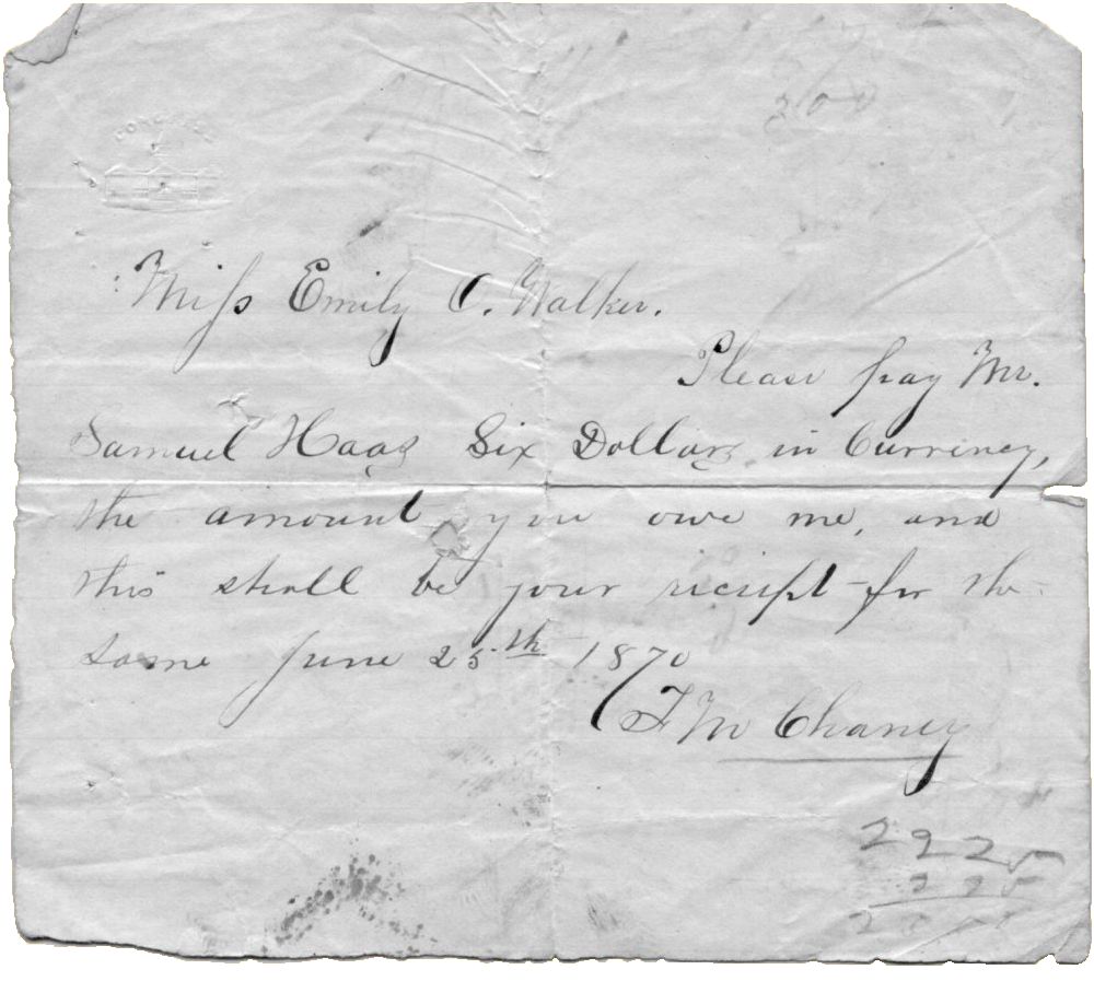 Emily O. Walker receipt from T. M. Chancy - 1870 1