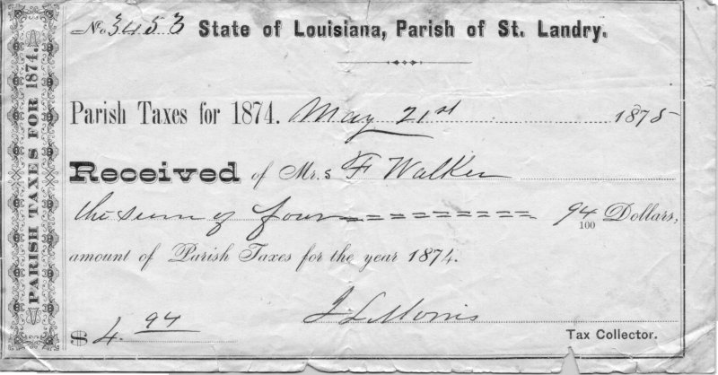 Walker tax bill paid by Frances Walker - 1874 1