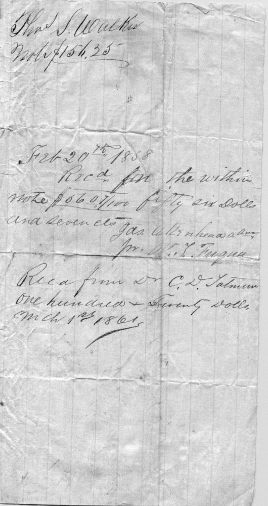 Thomas J Walker debt to James Akinhead - 1857